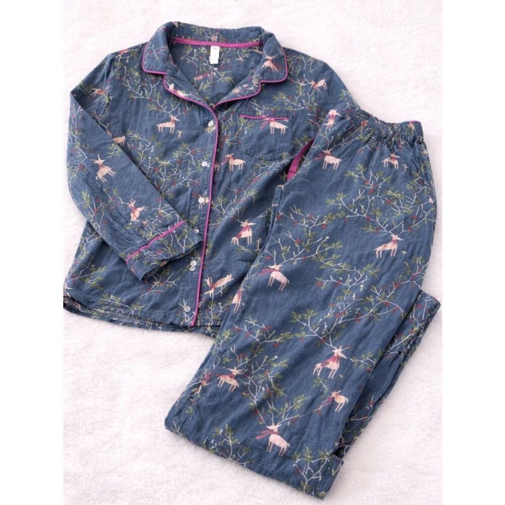Women’s Flannel Pajama Set Small | Blue Pink Deer Print Button Down Cozy PJ Set